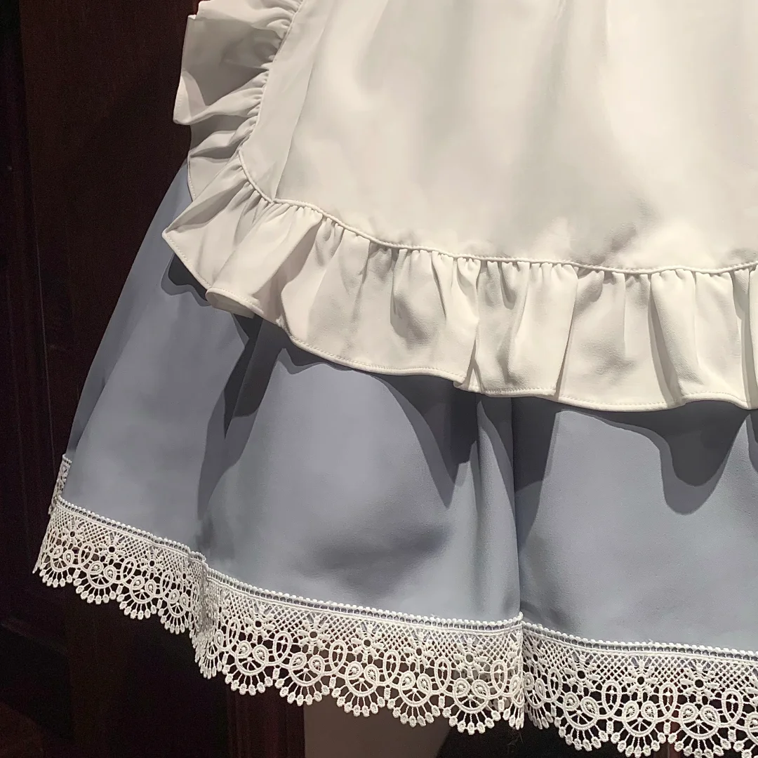 Elegant Vintage Blue and White Maid Dress with Floral Embroidery