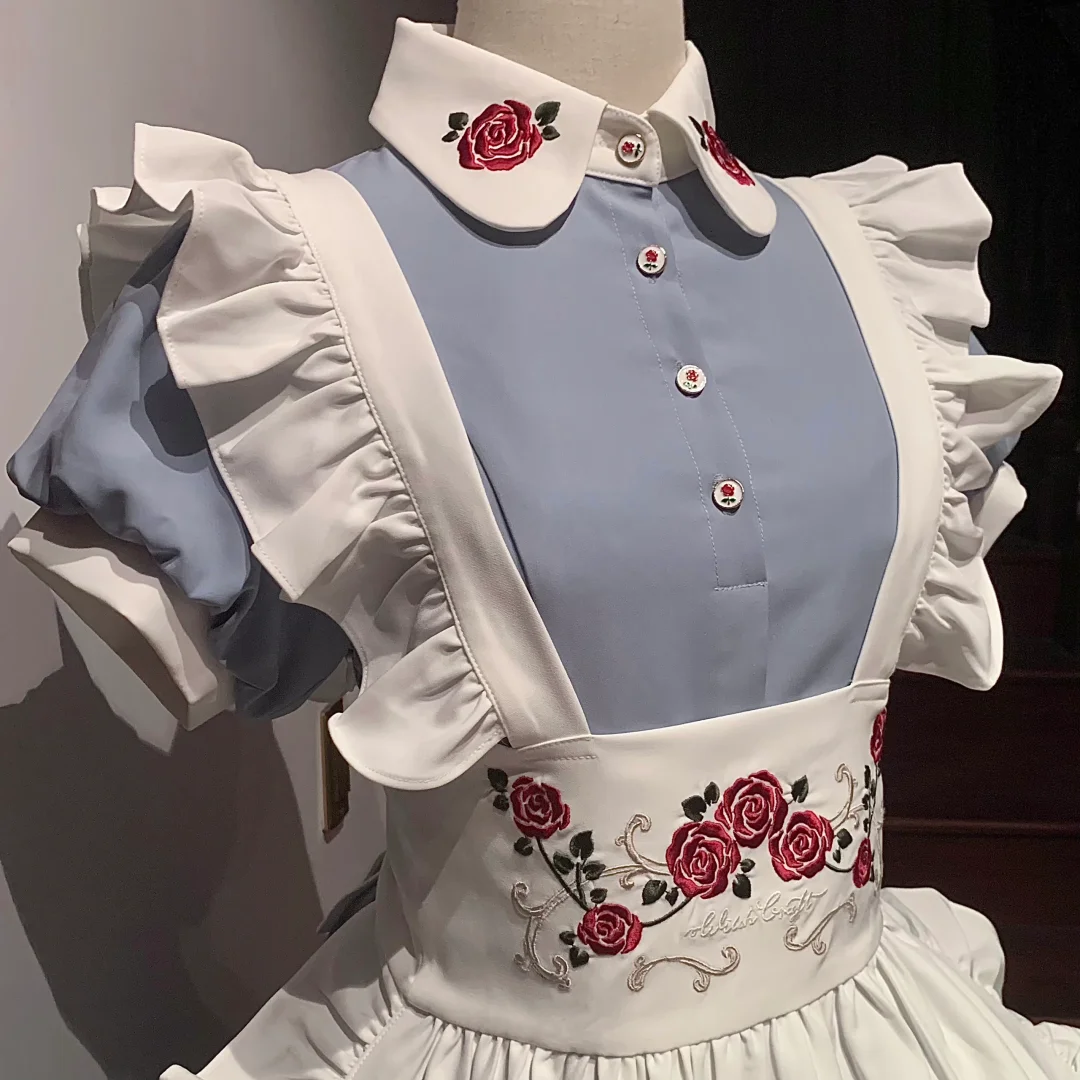 Elegant Vintage Blue and White Maid Dress with Floral Embroidery