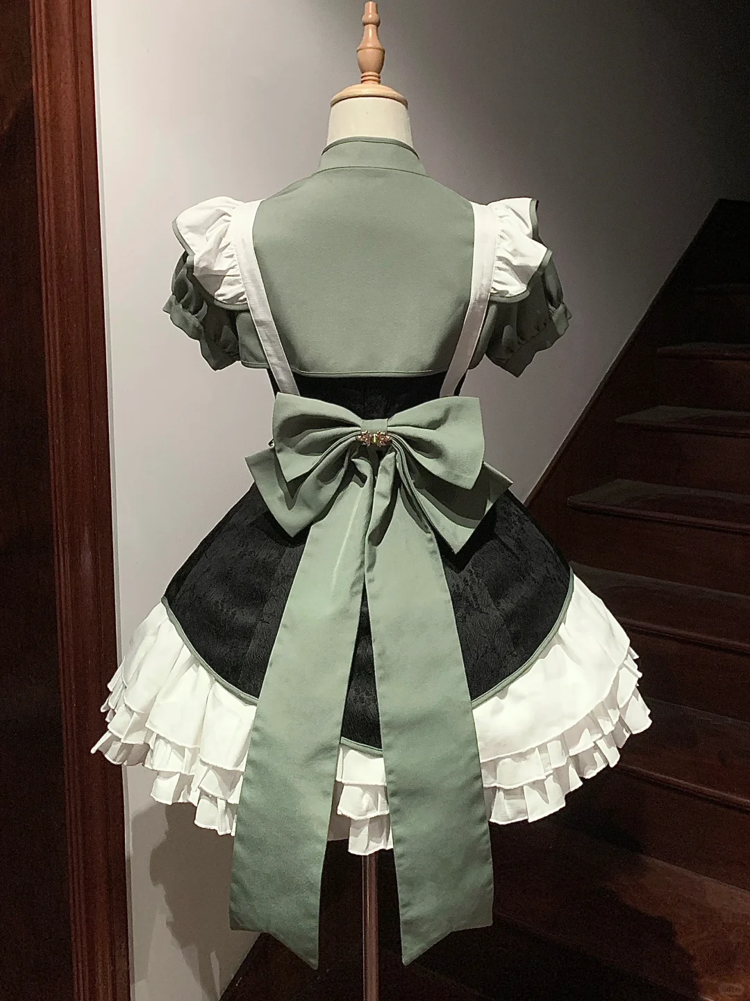 Chic Olive Green and White Maid Dress with Heart Apron and Tassel Details