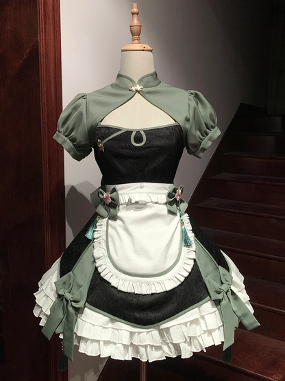 Chic Olive Green and White Maid Dress with Heart Apron and Tassel Details