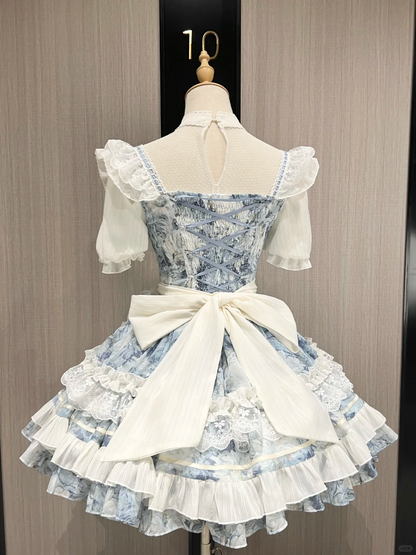 Dreamy Blue Floral Maid Dress with Lace and Bow Accents