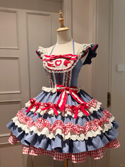 Charming Blue and Red Gingham Maid Dress with Heart Motif and Lace Details