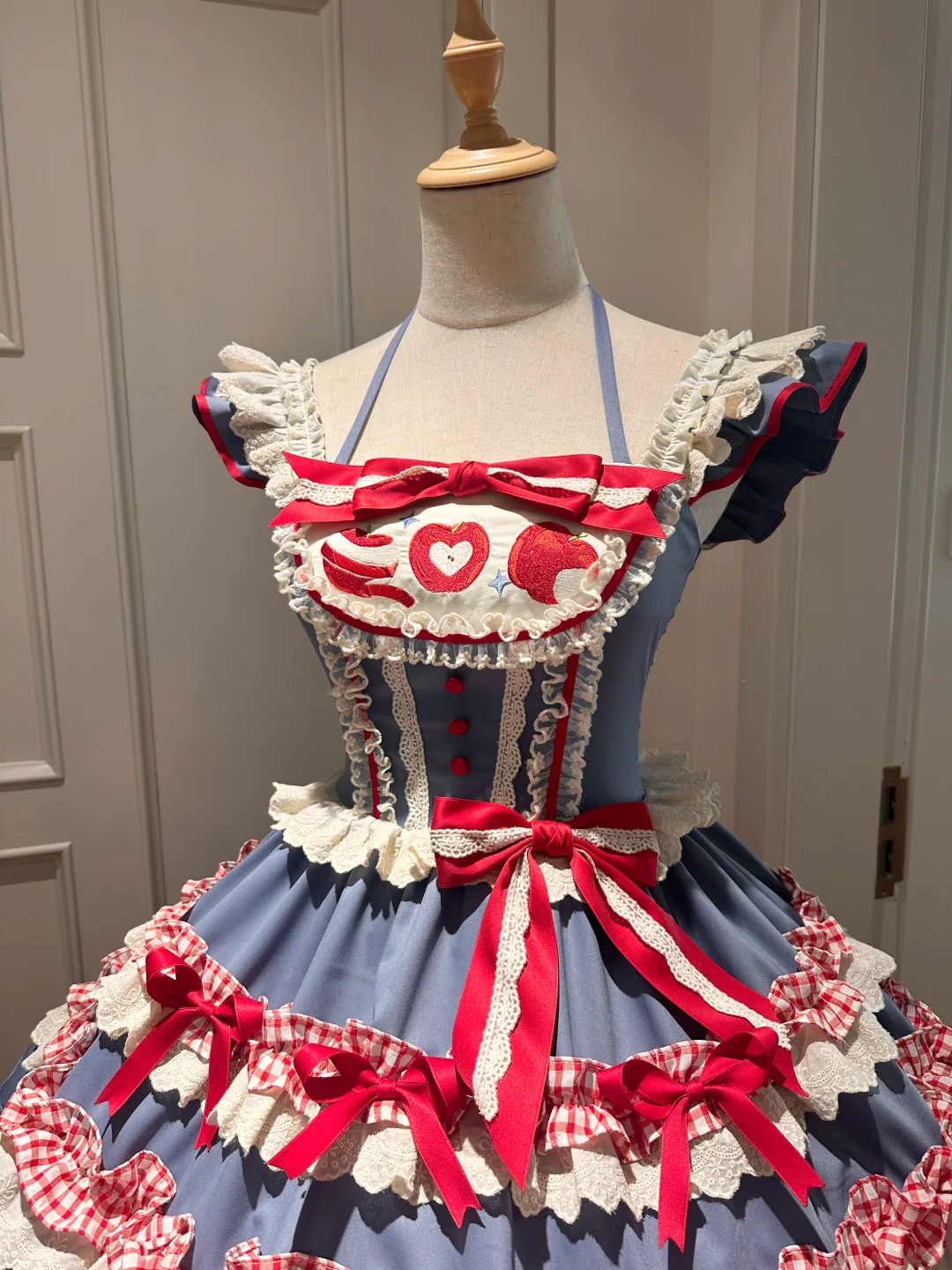 Charming Blue and Red Gingham Maid Dress with Heart Motif and Lace Details