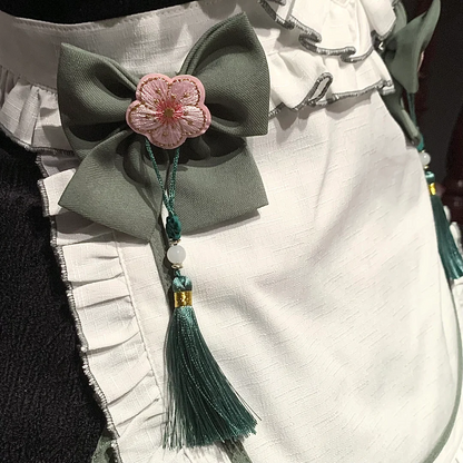 Chic Olive Green and White Maid Dress with Heart Apron and Tassel Details