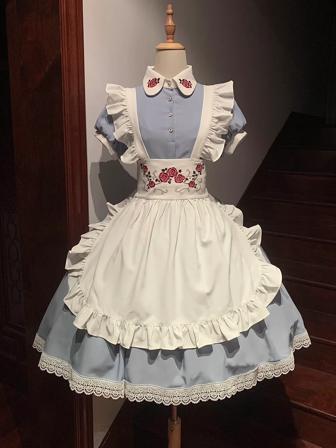 Elegant Vintage Blue and White Maid Dress with Floral Embroidery