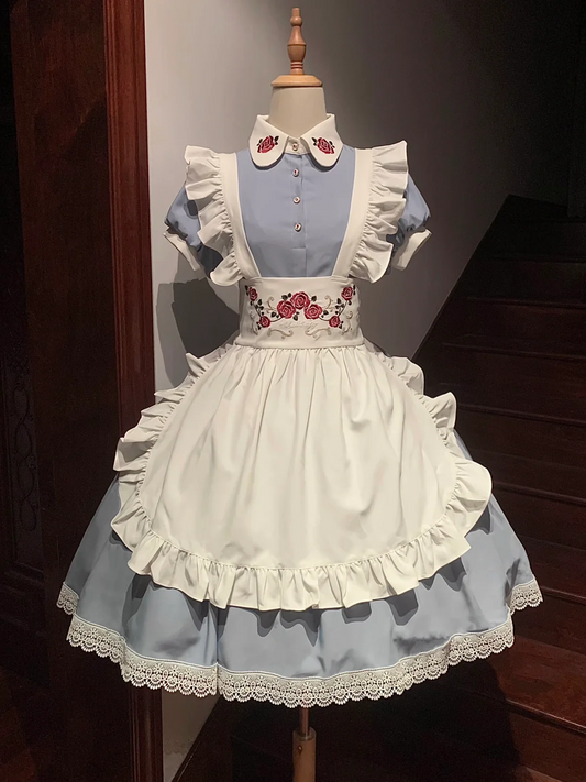 Elegant Vintage Blue and White Maid Dress with Floral Embroidery