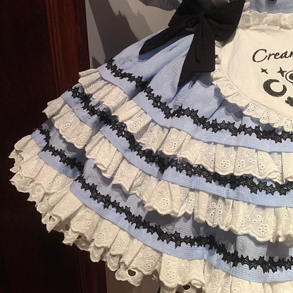 Maid Dress with Bell & Black Bows - Blue and White Ruffled Apron