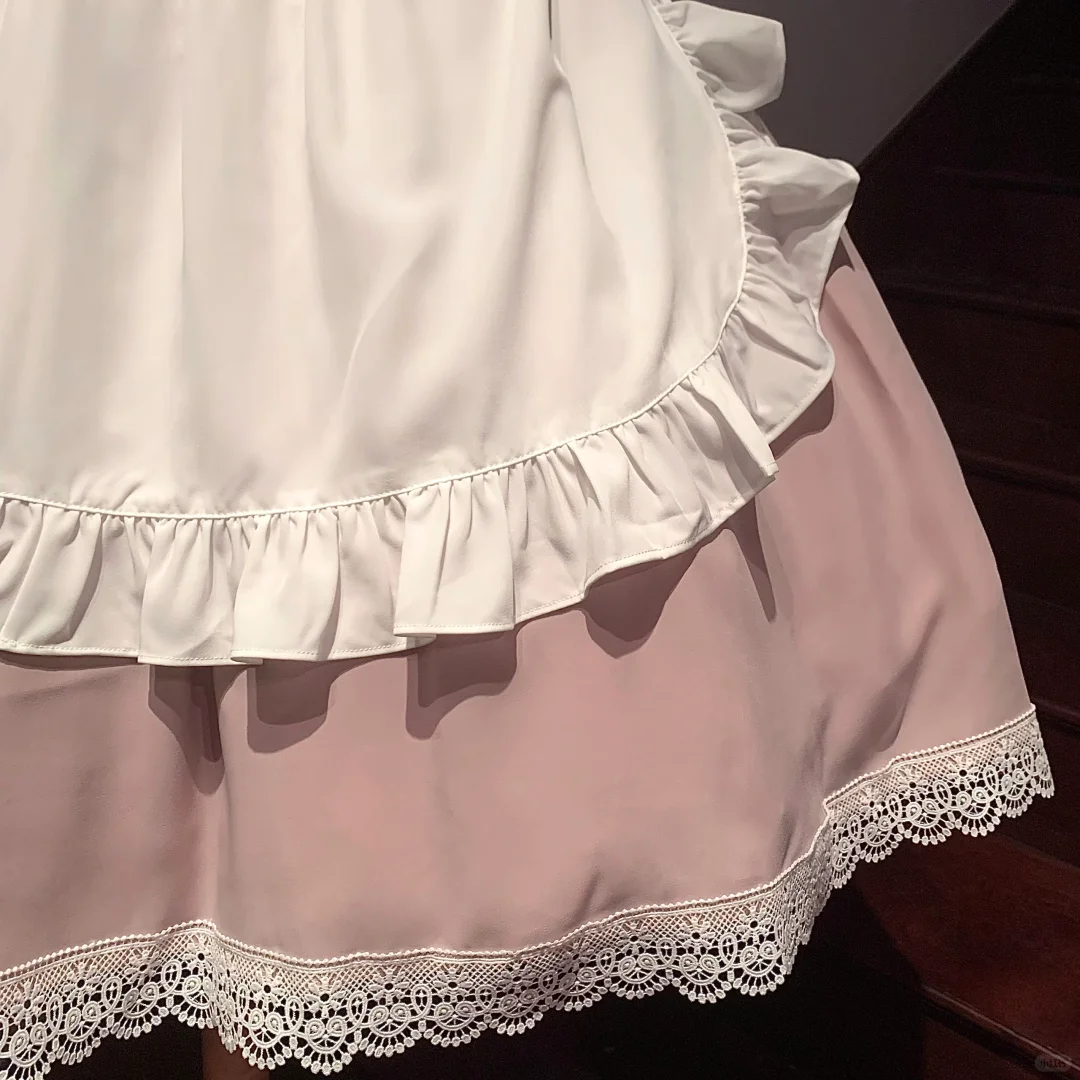 Elegant Vintage Pink and White Maid Dress with Rose Embroidery