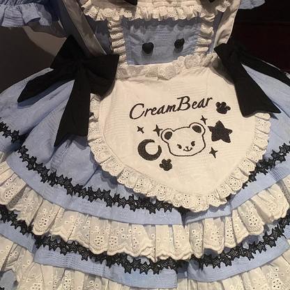 Maid Dress with Bell & Black Bows - Blue and White Ruffled Apron