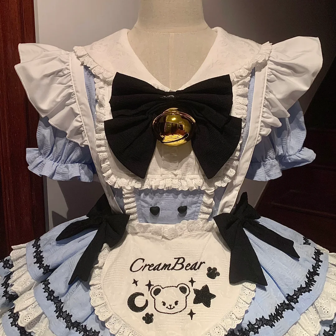 Maid Dress with Bell & Black Bows - Blue and White Ruffled Apron